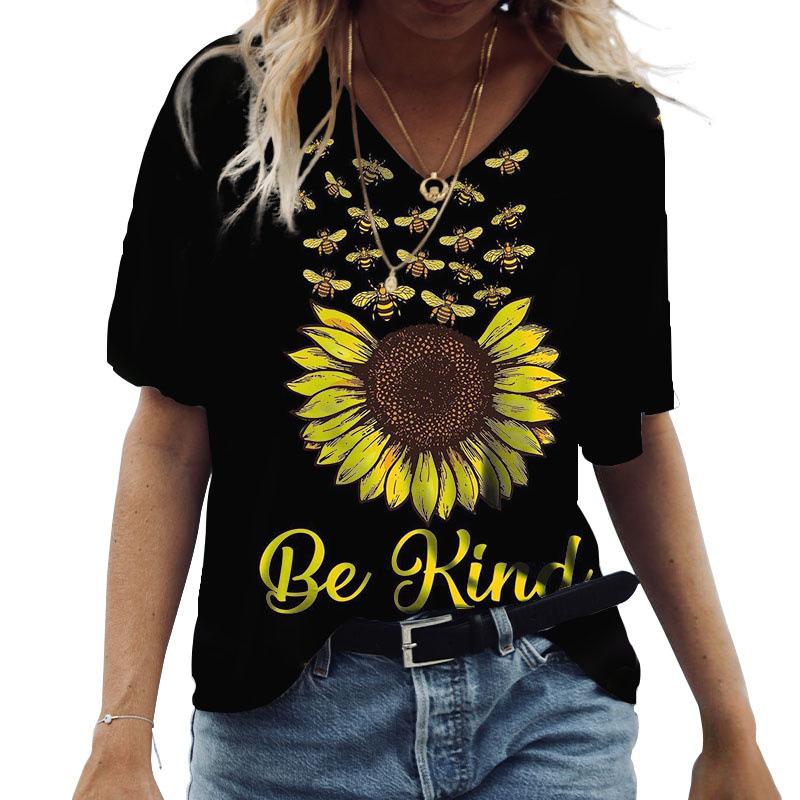 Verão Manga Curta Decote V Nova Blusa Camiseta Casual Feminina Girassol Estampa 3D