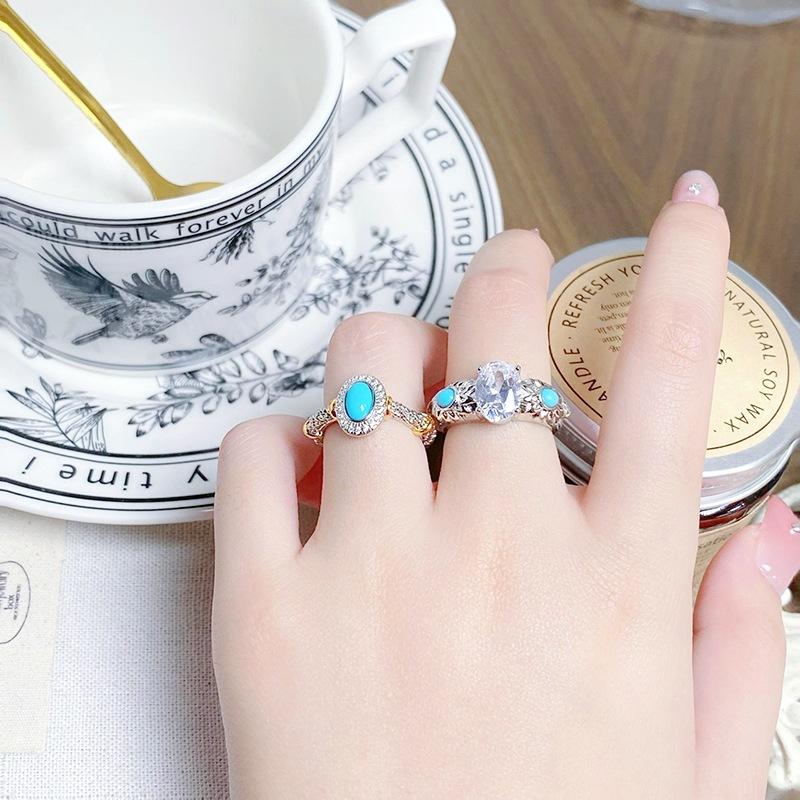 Court Style Two-Color Imitation Turquoise Daisy Open Ring Light Luxury Niche Retro Design High-End Sense Stacked Ring