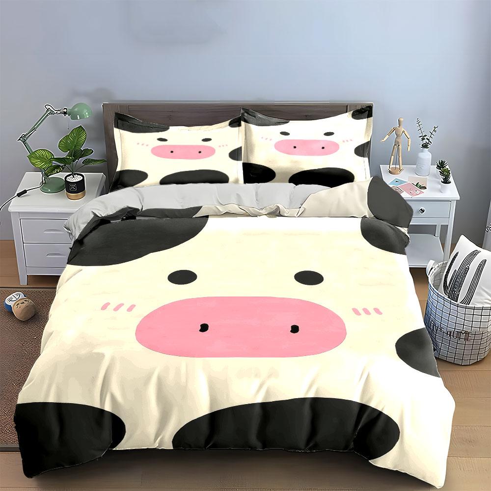 3Pc Minimal Cow Face Blush Bedding SetCute Farm Animal Close-up Print Duvet Cover 2 Pillowcases Single Double King QueenGift