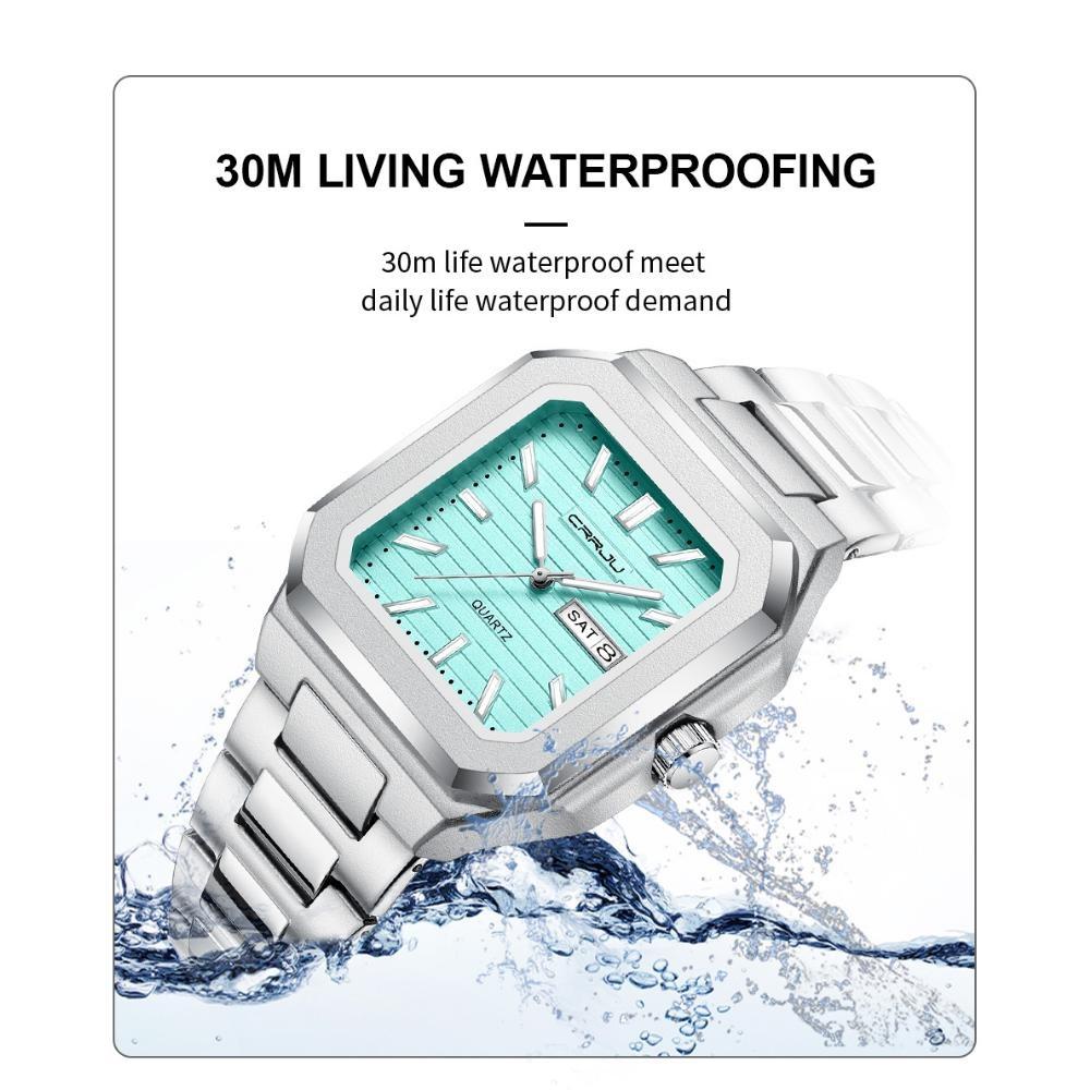 Luxury Men's Quartz Watch Square Case Day Date Display Stainless Steel Wristwatch