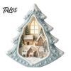 Christmas Tree Wooden Figurines Tabletop Decor with Warm LED Lights, 2D Printed Snow Village Scene Decorative Church And Sleigh Sets Santa Reindeer
