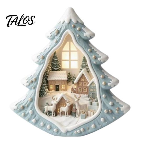 Christmas Tree Wooden Figurines Tabletop Decor with Warm LED Lights, 2D Printed Snow Village Scene Decorative Church And Sleigh Sets Santa Reindeer