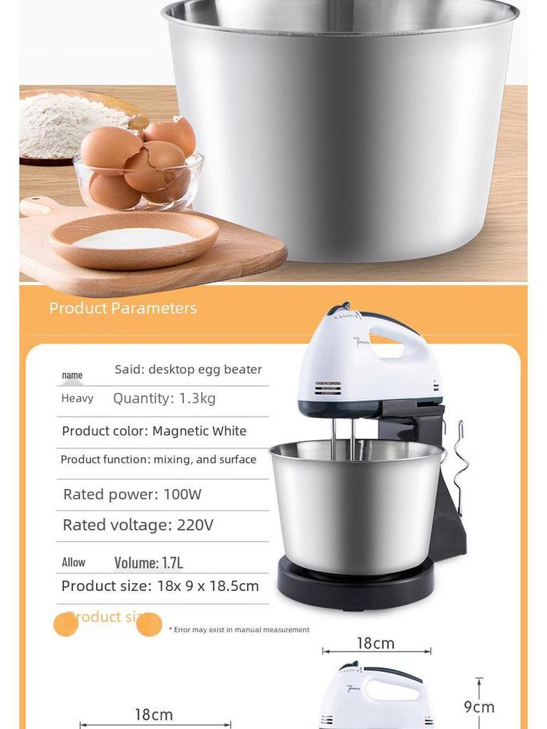 Electric Stand Mixer with Stainless Steel Bowl for Beating Eggs, Whipping Cream, and Mixing Cake & Dough