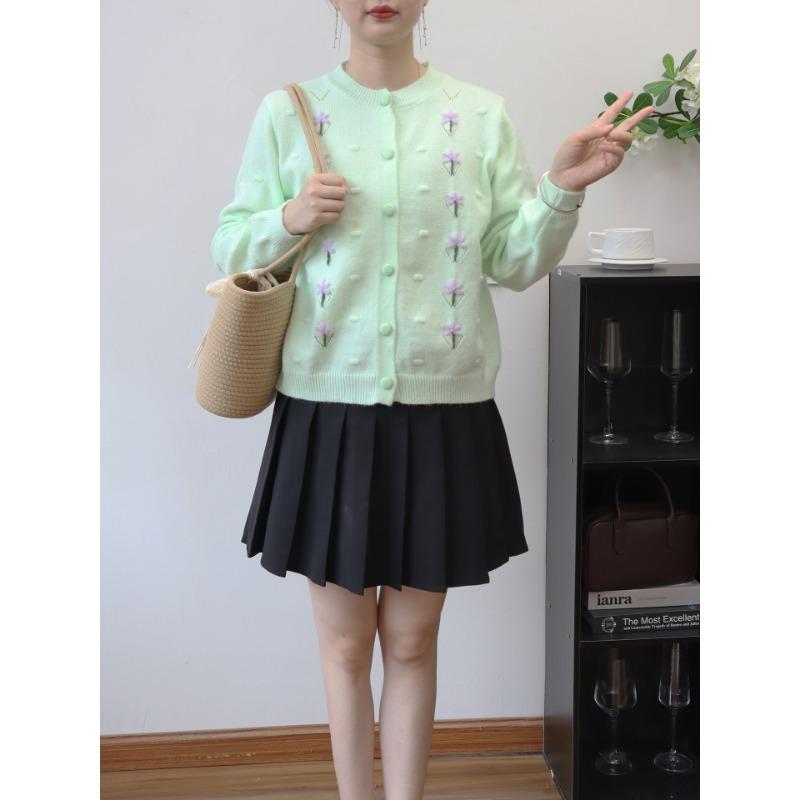 

Осень и зима новый вышитый милый мягкий восковой свитер куртка свободный нежный ветер круглый вырез вязаный кардиган женский one size fits all зелёный