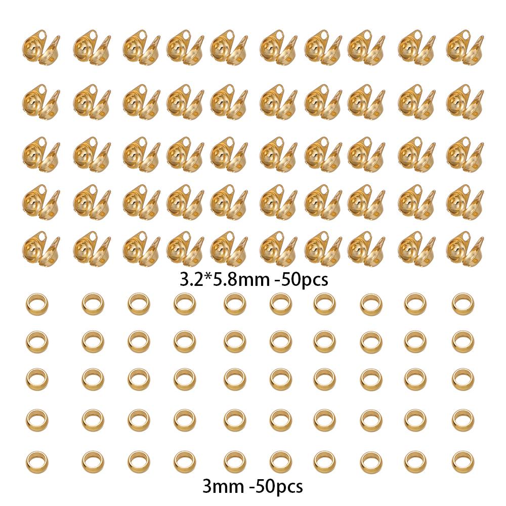 50Pcs Stainless Steel Crimp Bead Tips Knot Covers Clamshell Fold-Over Bead with 50pcs End Beads For DIY Jewelry Making