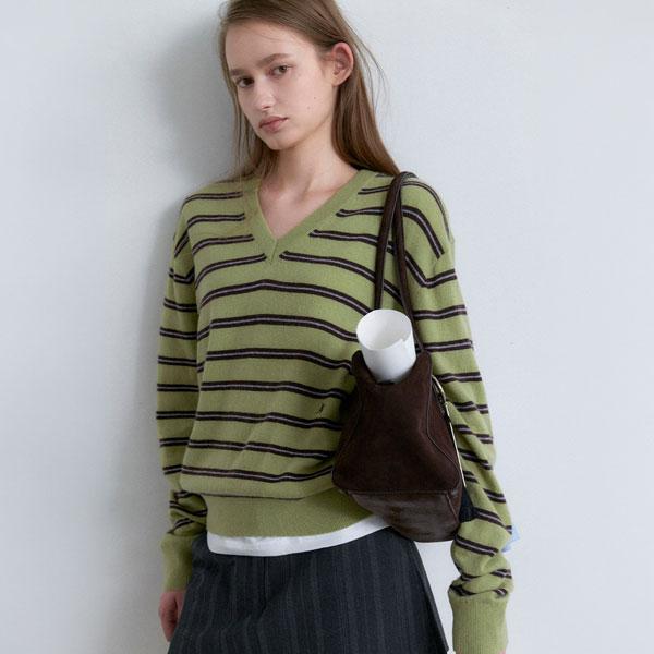 ATELIER NAIN (T-7302)Wool Stripe V-Neck Knit