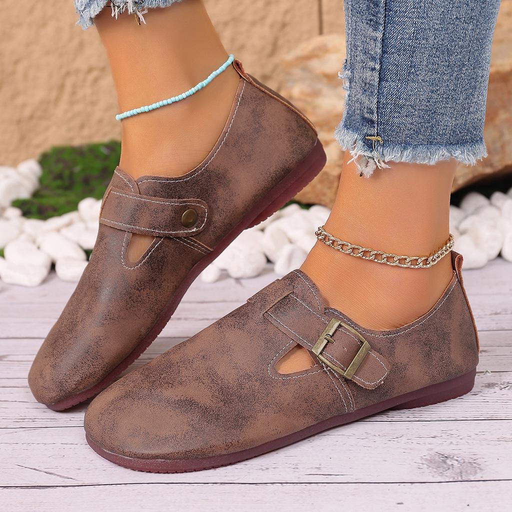 Retro flat-bottomed belt buckle low-top single shoes women's new one-pedal lazy loafers Doudou shoes 2025