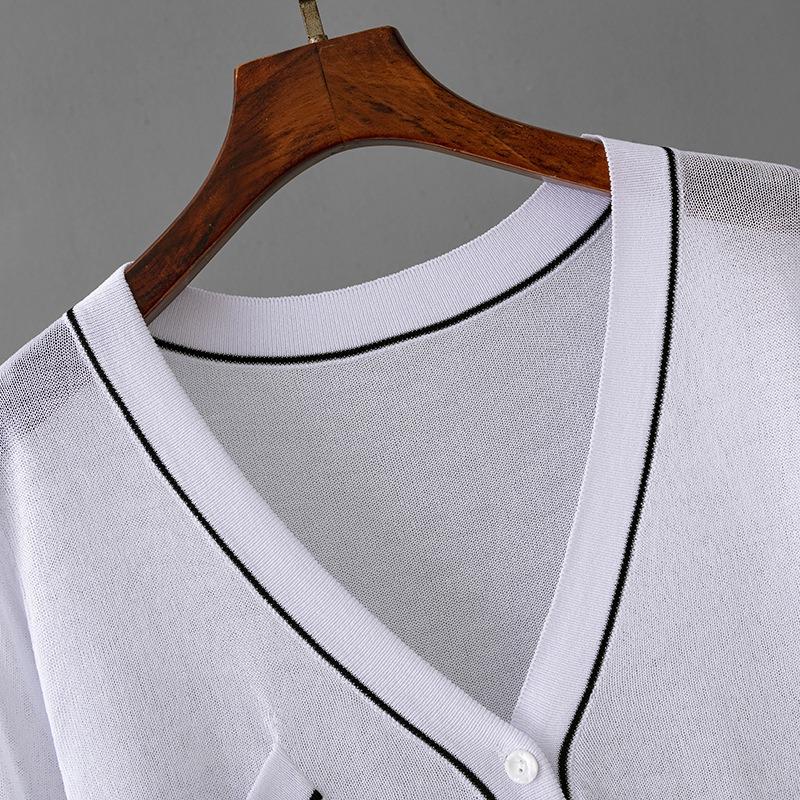 Cardigan de viscose com decote em V de manga comprida e botão pulôver para mulheres casual preto e branco gelo proteção UV seda chiffon blusas camisas com bolsos
