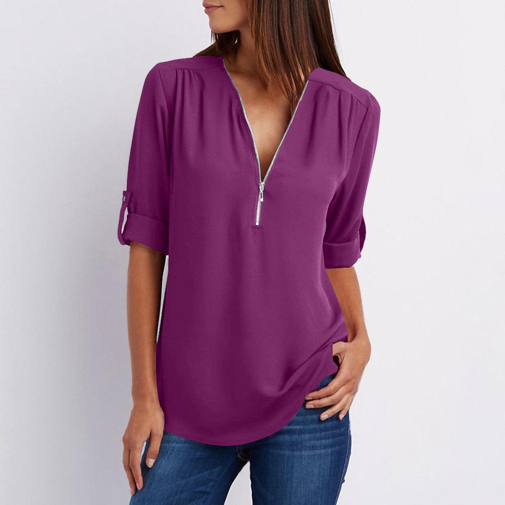 Women's Color Casual Fashion V-neck Zipper Long Sleeved Loose Chiffon Top With Adjustable Sleeves
