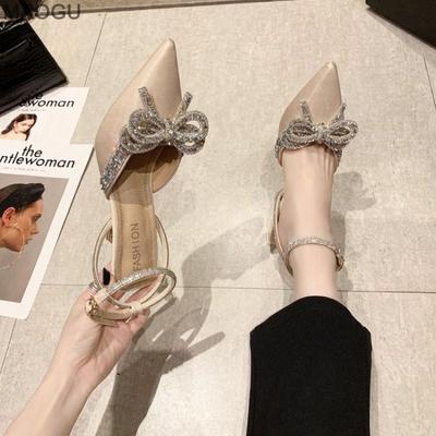 Women Fashion Sandals Pointed Toe Crystal Ankle Straps High Heel Sandals Black Bowknot Strange Style Woman Shoes Tacones Mujer