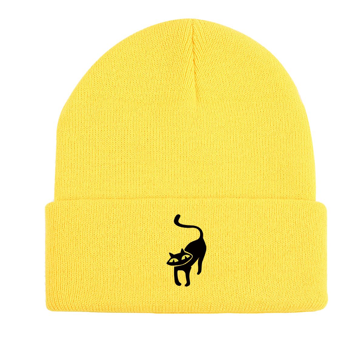 

Вязаная шапка с принтом черного кота, шапка Animal Woman, эластичная термопростая шапка с помпоном, вязаная шапка, шапка-бини as the picture жёлтый