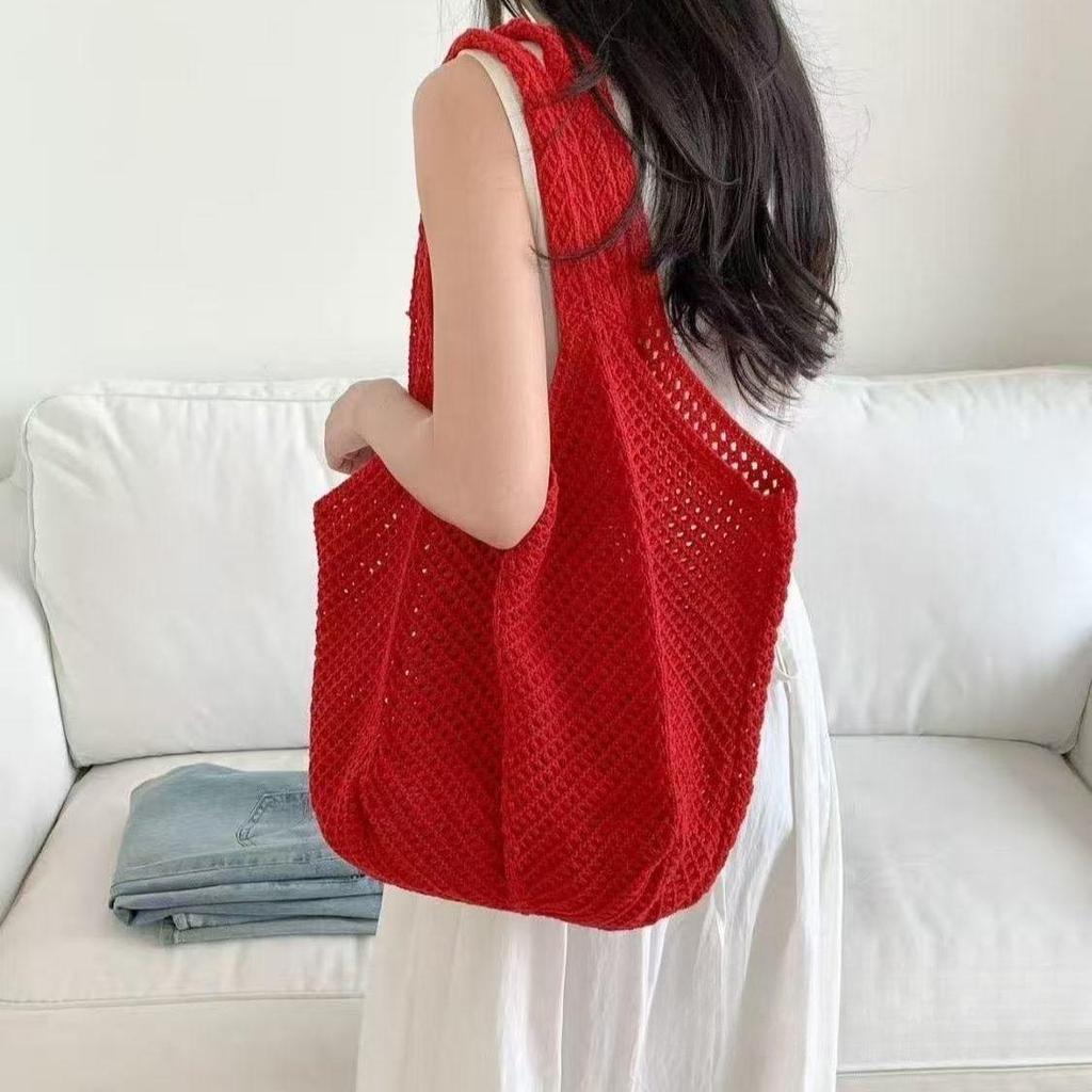 Red Romantic Knitted Shoulder Bag - Retro Mesh Hollow-Out Handbag