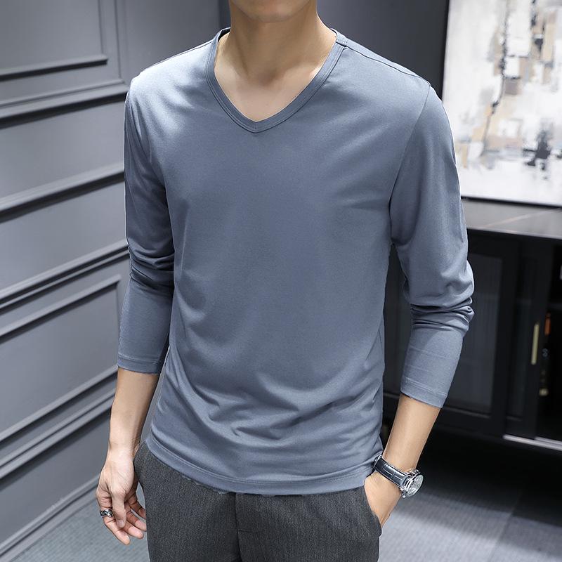 Męski T-shirt z dekoltem w serek z merceryzowanej modalu z długim rękawem - Jednolity kolor, Lekki, Idealny do warstwowania na wiosnę/jesień.
