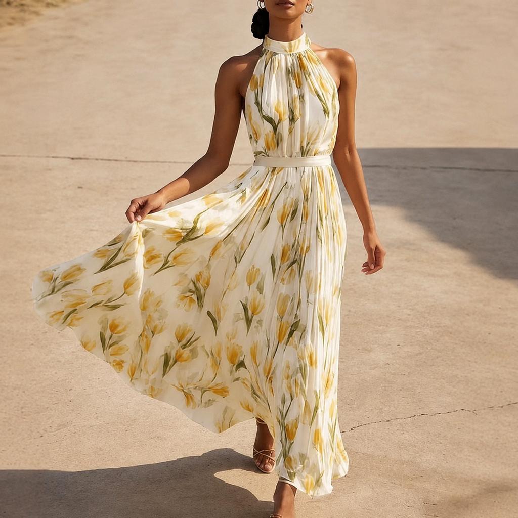 Women's Halter Neck Maxi Dress with Floral Print Sleeveless Vacation Dress Flowy Bohemian Style Summer Dress for Outdoor Events