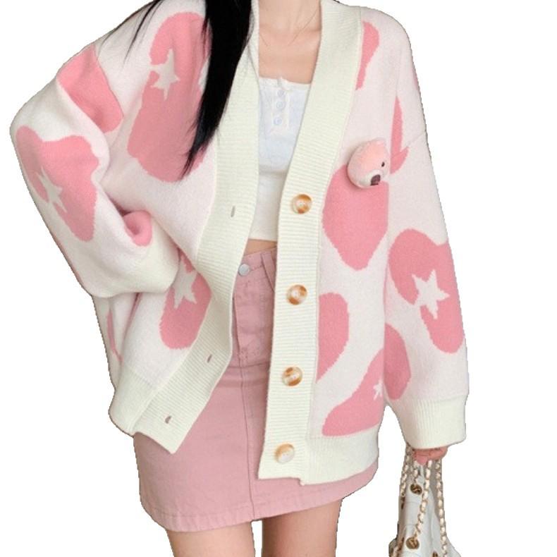 Women's Korean Style Bear Design Color Block Knit Cardigan - Soft, Loose, and Slimming for Autumn and Winter