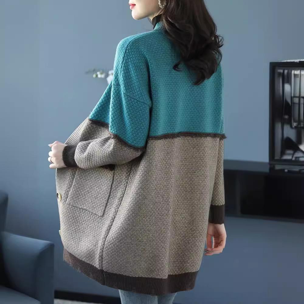 Women's Sweater Jacket Autumn and Winter Loose Medium-length Knitted Cardigan V-neck Color-blocked Knitted Jacket