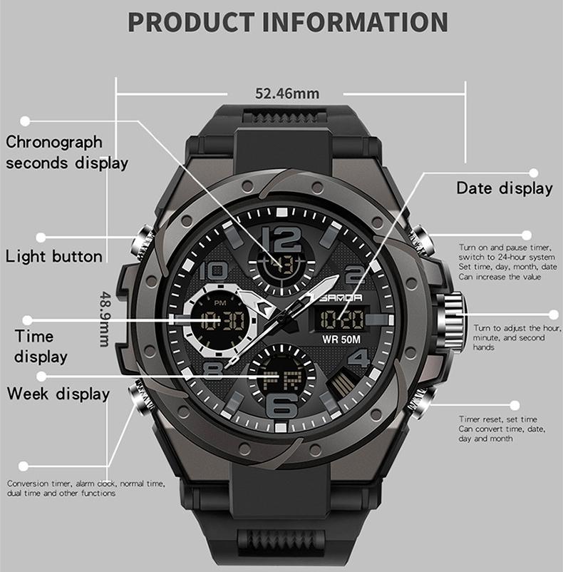 Utendørssport Herre Kvarts Militær Vanntett Klokker G Stil Dobbelt Display LED Digital Herreklokke