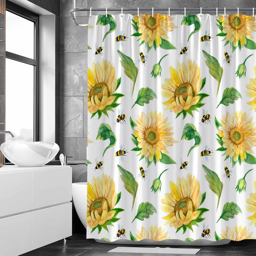 Yellow Sunflower Shower Curtain Summer Floral Fabric Decorative Bathroom Hanging Curtains Autumn Rustic Botanical Bathroom Decor