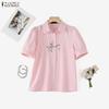 ZANZEA Women Casual Turn Down Collar Short Sleeve Embroidery Stripe Blouse