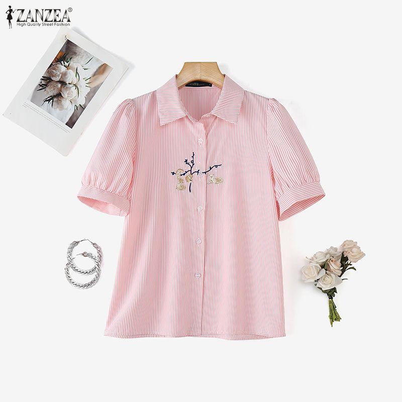 ZANZEA Women Casual Turn Down Collar Short Sleeve Embroidery Stripe Blouse