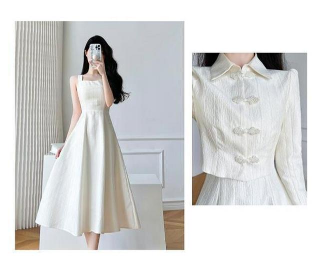 French Chic Two-Piece Qipao Top & Camisole Dress Set for Women - Spring & Autumn High-Waisted Style