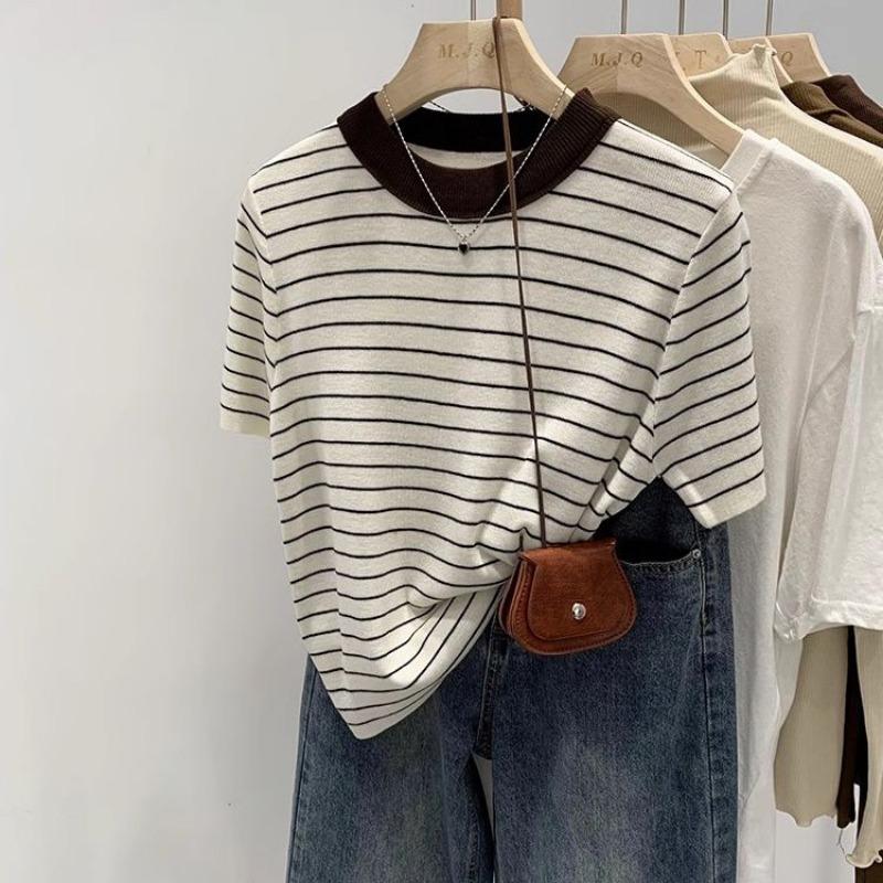 

Women Striped Knit Top Contrast Collar Short Sleeve Crew Neck Casual T Shirt M белый