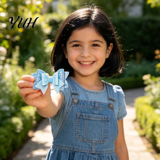 Fashion Hair Accessories Double Layered Glitter Bow Clip for Girls, Artificial Leather Barrettes, Party Non Slip Children Daily Wear & Kids