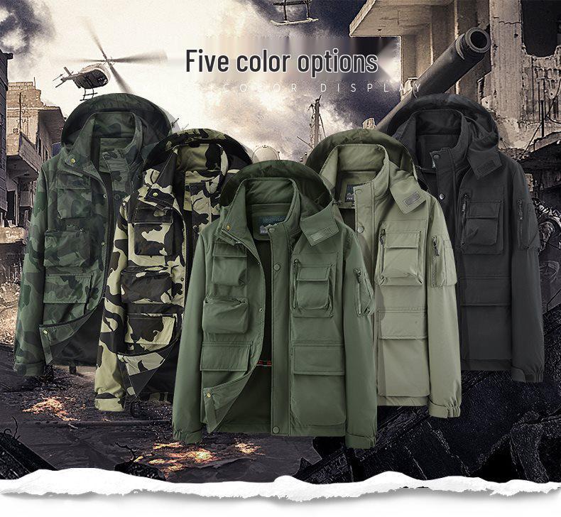 Men's Camouflage Workwear Jacket with Detachable Hood, Windbreaker for Spring/Autumn, Fashionable Loose Fit, Large Pockets