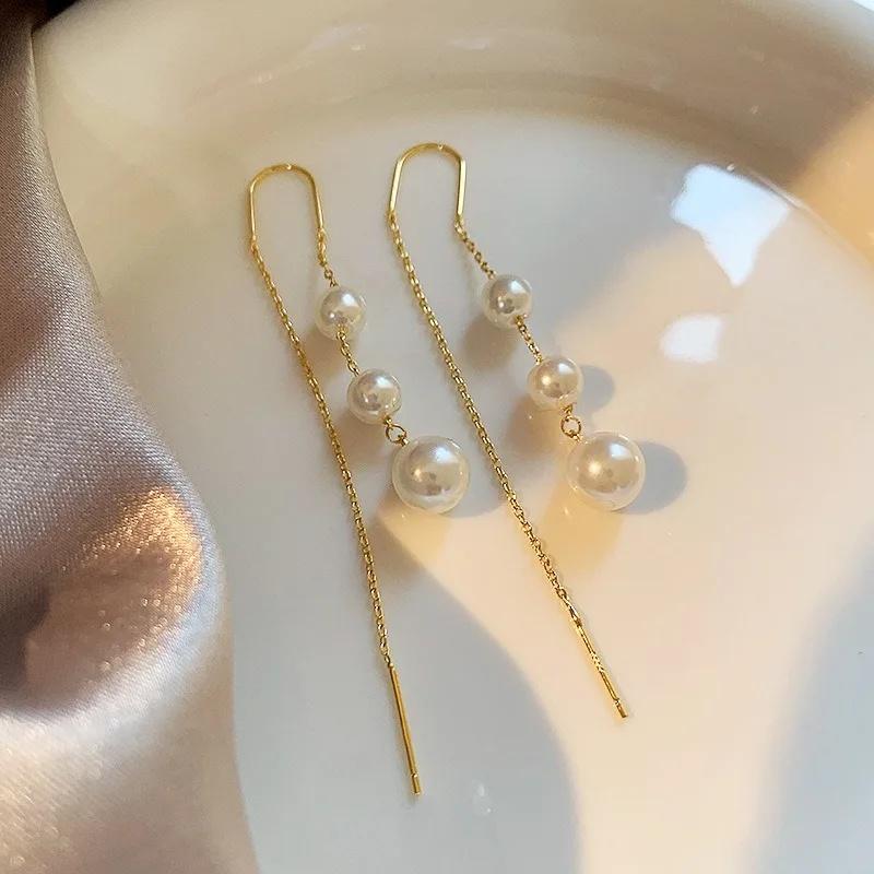 Korean Elegant Imitation Pearl Long Dangle Earrings for Women Temperament Crystal Tassel Earring Bride Wedding Jewelry Wholesale