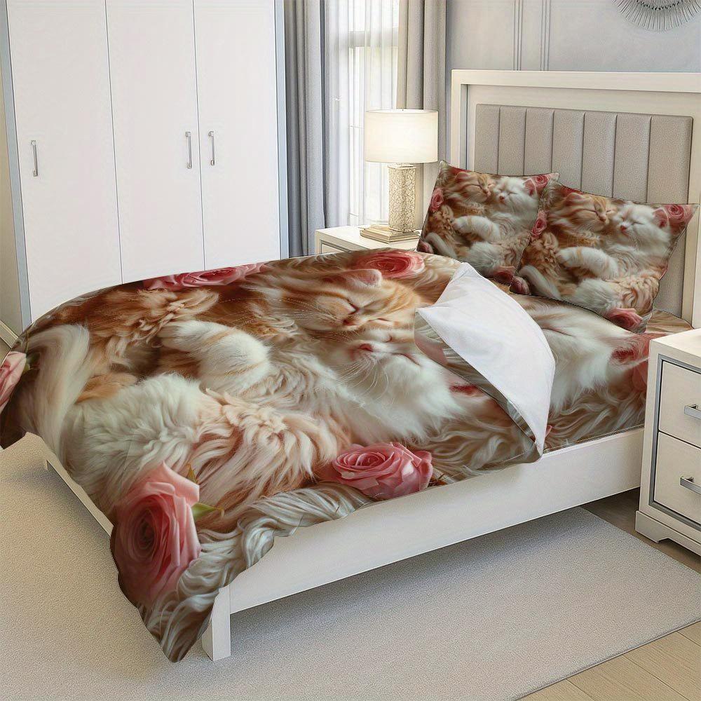 Lifesmells 2/3pcs Kitten and Rose Duvet Cover Set Romantic Cat and Flower Bed Cover Set Cozy and Adorable Bedding Set