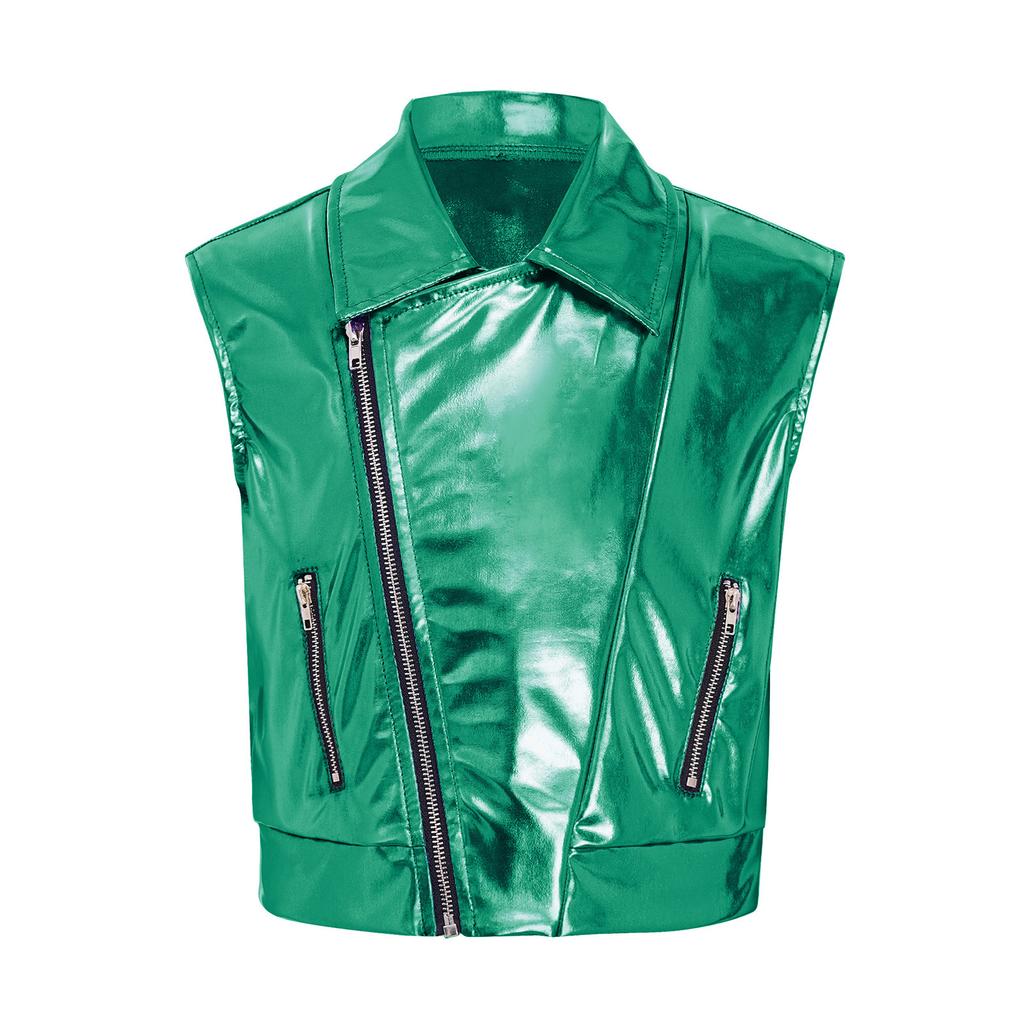 Unisex detská lesklá metalická bunda bez rukávov s golierom