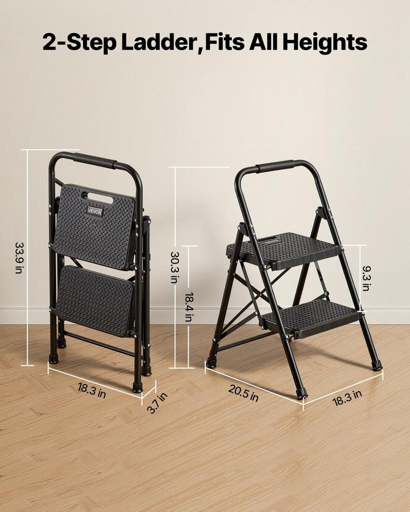 2 Step Ladder, Folding Step Stool with Wide Anti-Slip Pedal and Comfort Handgrip, Lightweight 272 kg Capacity Portable Steel Ladder, Multi-Use for