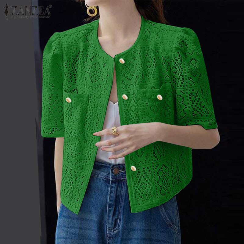 ZANZEA Womens Summer Hollow Out Crochet Short Sleeve Cardigan Blouse