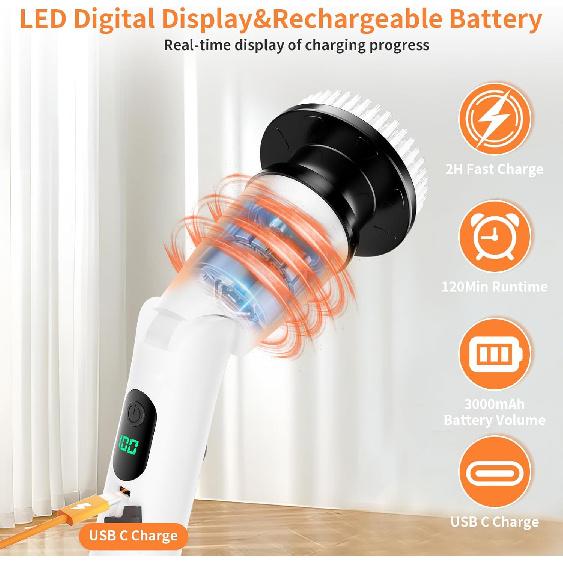 11 In 1 Electric Spin Scrubber Cordless Cleaning Brush 3 Adjustable Angles 2 Adjustable Speeds LED Display Shower Cleaner Brush Supplies Extension