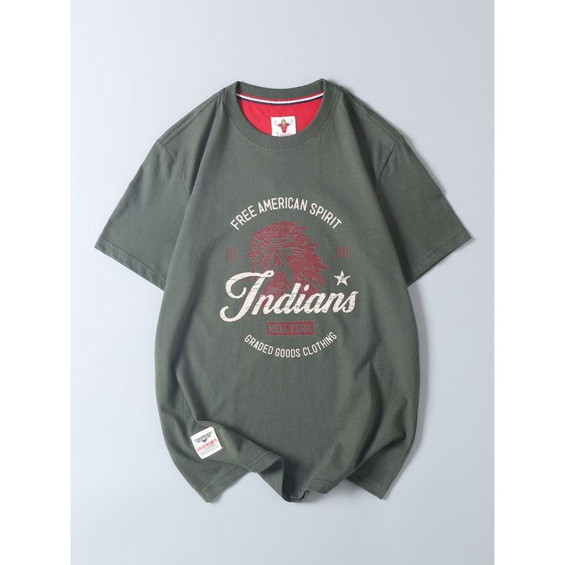 Export Surplus Cotton Brushed Indian Vintage Print Short-Sleeve T-Shirt Men's Trendy Brand Round Neck Base Shirt