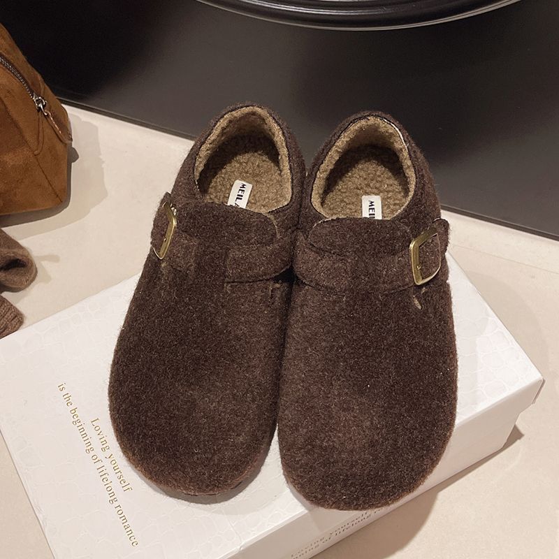 Women's velvet cotton scoop loafers round head thin warm season Birkenstocks woolen felt shoes one pedal