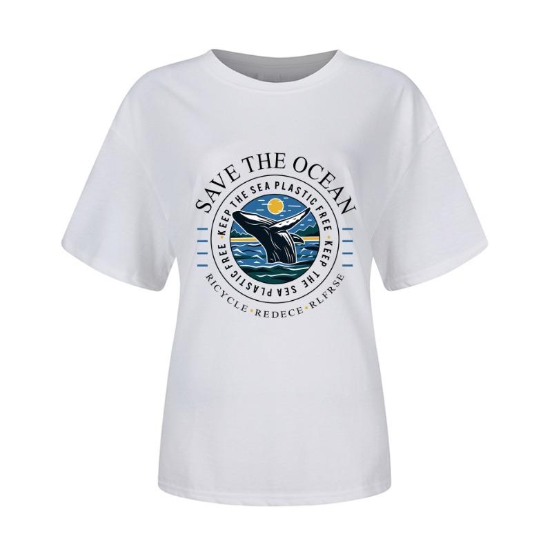 Spring Summer Whale Swimming Letter Pattern Printed Loose Fitting Cotton Short Sleeved Round Neck T-Shirts Women’s
