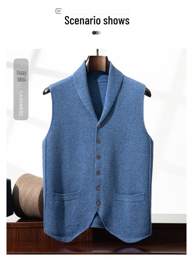 Men's Blue & Green Cashmere Vest: Button-Up Sleeveless Cardigan with Business Lapel, Casual Layering, Four-Way Stretch.