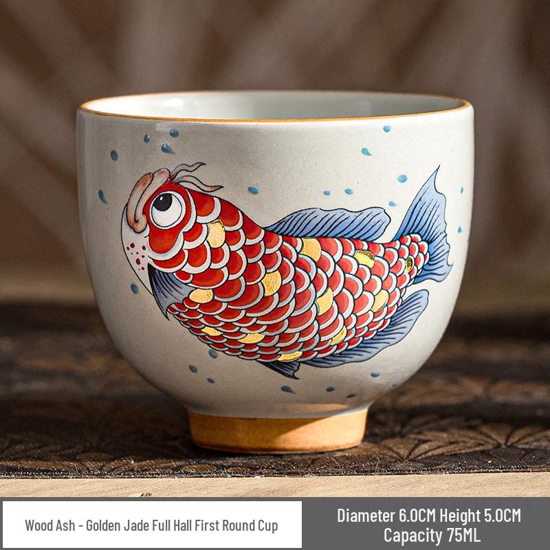 Golden Jade Arowana Small Ceramic Tea Cup - Kung Fu Tea Set Gift Box