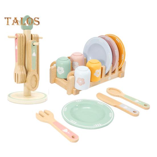 

Деревянный игрушечный кухонный набор для детей, набор деревянной столовой посуды с тарелками, чашками, столовыми приборами и держателями, имитация игрового домика, ролевая игрушка для кухни, подарок для мальчиков