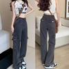 Spring-Autumn Retro Denim Cargo Pants: Stylish Women's Loose Straight-Leg, Multi-Pocket Design