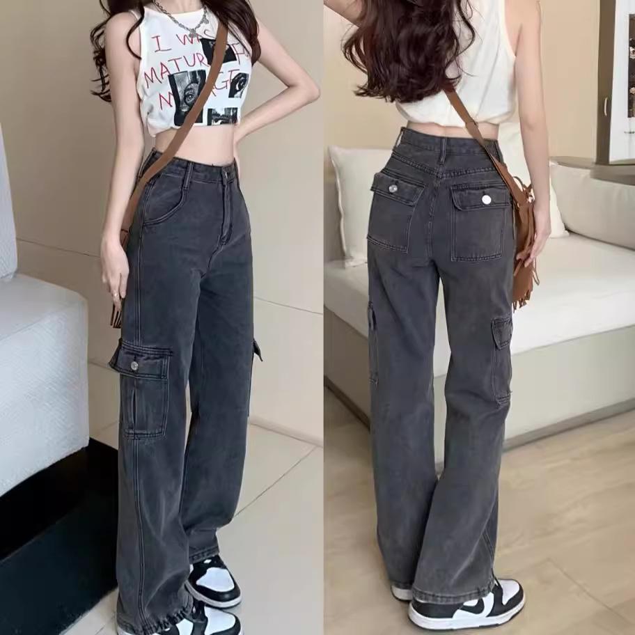 Spring-Autumn Retro Denim Cargo Pants: Stylish Women's Loose Straight-Leg, Multi-Pocket Design