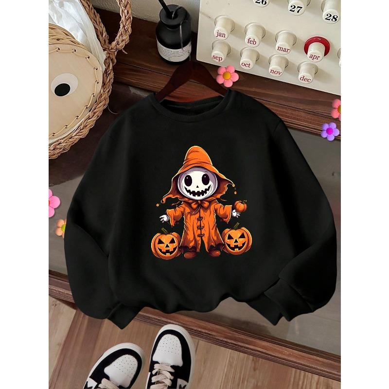 Kids Crewneck Sweatshirt, Halloween Cute Pumpkin Figure Print, Casual Tops for Fall & Winter