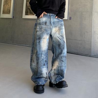 Unisex Vintage Distressed Wide-Leg Denim Pants Streetwear Loose Fit Straight Cut Cotton Jeans Men Women