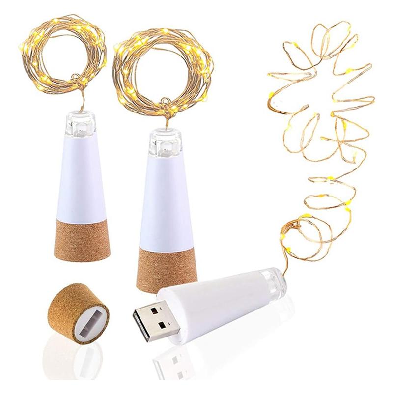 A84E-2PCS LED Cork Bottle Fairy Lights USB Powered Battery Operated 2M 20 Leds For Home Kitchen Party Decor