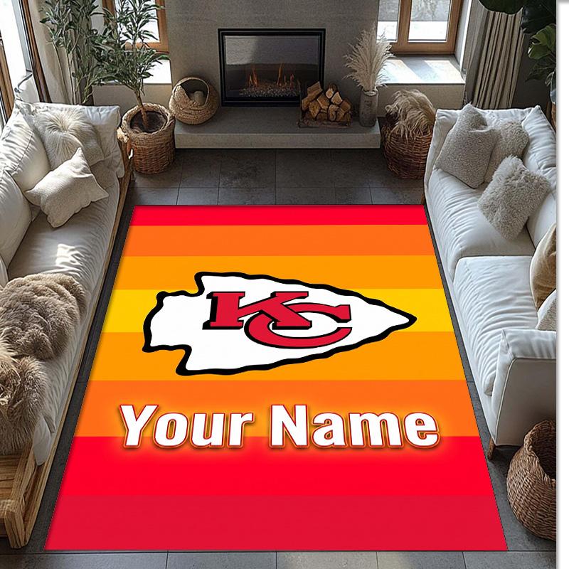 Kansas City Chiefs Crystal Velvet Rug, Custom Name Text Personalized Non‑Slip Floor Mat for Home Decor Gift