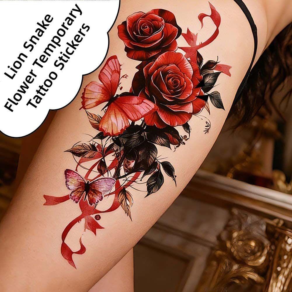 Green Leaf Flower Temporary Tattoo Stickers Waterproof 3D Texture Lion Snake Tattoo Stickers Leopard Lion Snake Personalized
