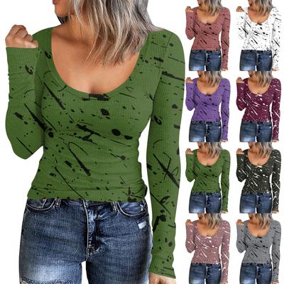 Women's Autumn And Winter Slim Bottom T-shirt Fashion Casual Retro Printed U Neck Pullover Long Sleeve Top