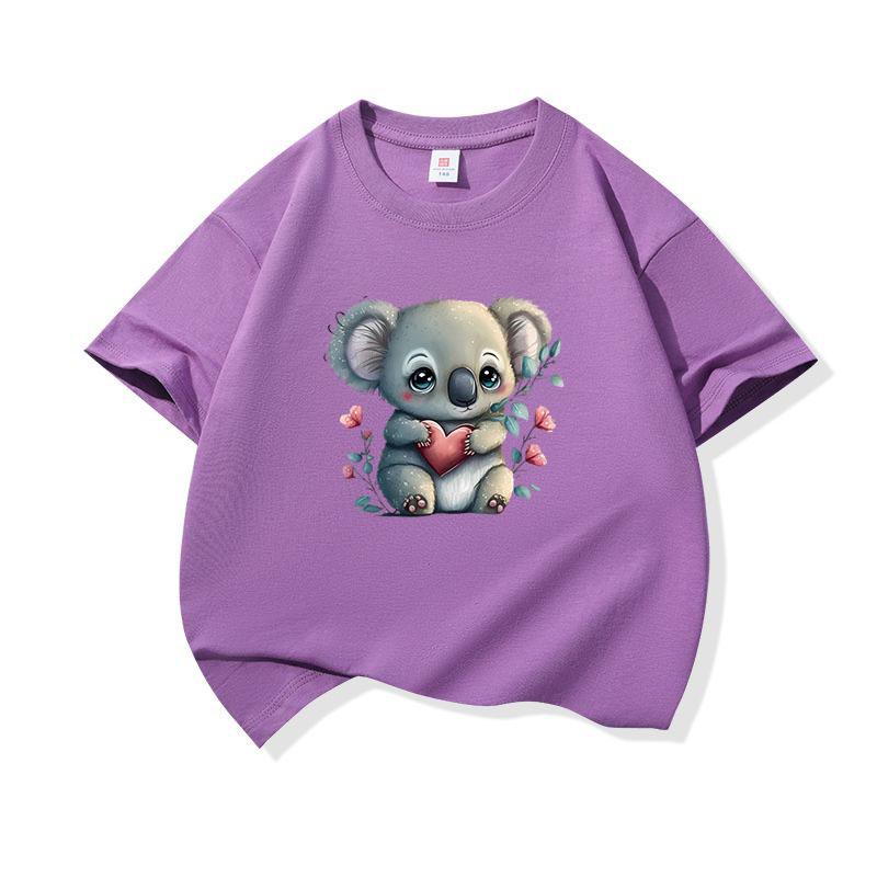 Kids Girls 100 Cotton Crew Neck T Shirt With Watercolor Koala Holding Love Heart Print Short Sleeve Breathable MultiColor Tops 100