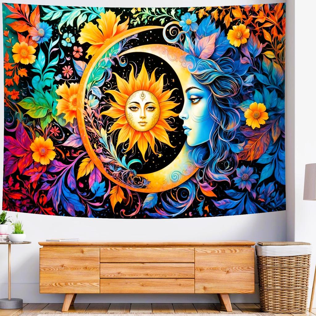 Delur Sun and Moon Tapestry Boho Mystic Floral Hippie Flower Plants Tapestry Vintage Aesthetic Psychedelic Abstract Wall Hanging Headboard for